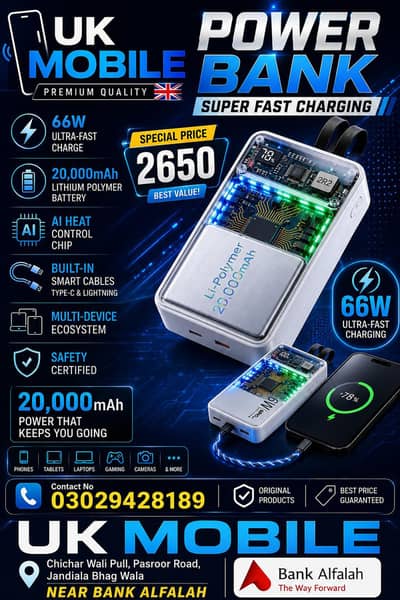20,000mAh 66W Fast Charging Power Bank | UK Mobile | Built-in Cables