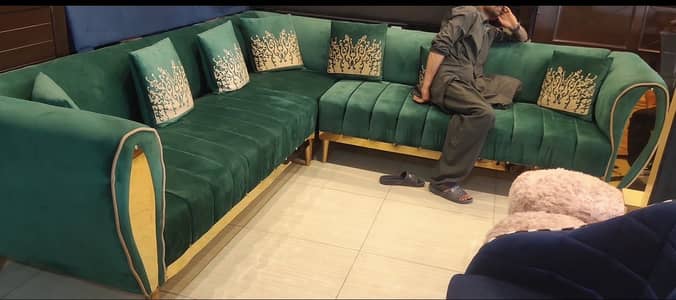 L shaped sofa Bottle Green colour with brass