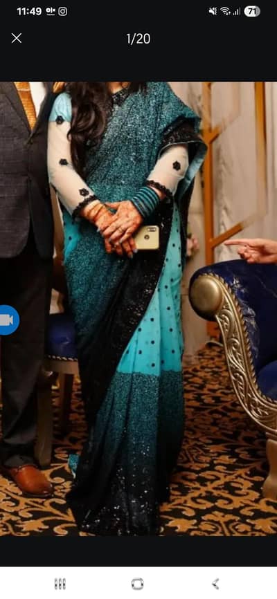 decent and elegant sarees in black and ferozi plus black heel shoes