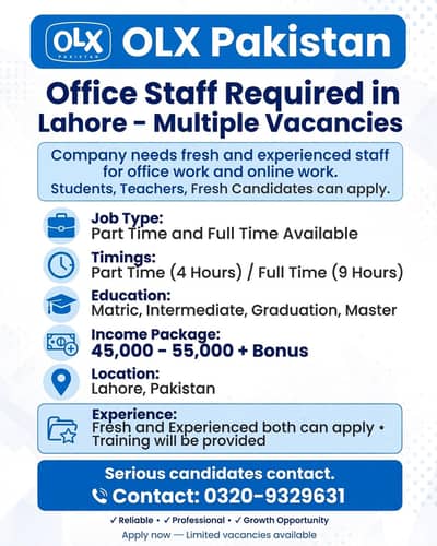 Office Staff Required For Lahore - Part Time / Full Time