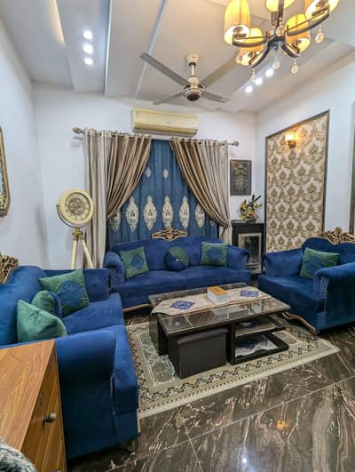 Classic Royal Blue & Gold Wooden Carved Sofa Set – Excellent Condition
