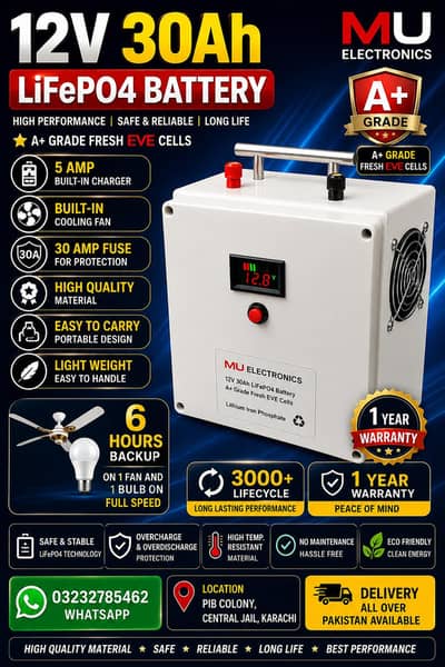 12v 30Ah Lifepo4 Battery - 5 Amp Built-in Charger - 1 Year Warranty