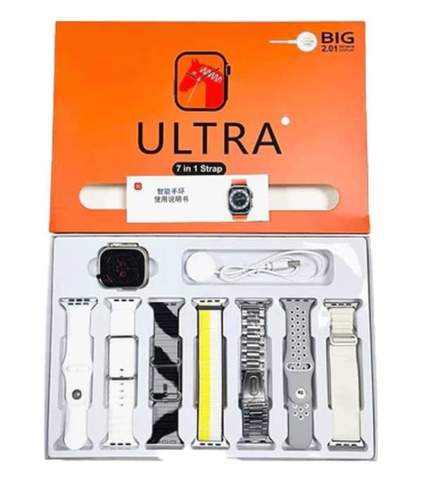 Ultra 3 Smartwatch 7-in-1 Set: Durable Stainless Steel Design, HD Display, Fitness Tracking & 7 Interchangeable Belts and chain walie