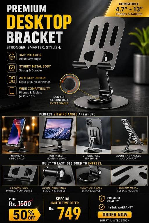Premium Metal Desktop Bracket - 360° Rotating Universal Mobile & Tablet Stand - Foldable Multi-Angle Adjustable Heavy Duty Holder For Desk, Office, iPhone, iPad, Switch (4.7" to 13")