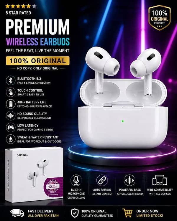 Premium PRO 2 ORIGINAL Wireless Earbuds Bluetooth 5.3 Pro – 100% Original HD Sound Quality Earphones with 48H+ Battery Life, Touch Control, Low Latency Gaming & Sweatproof Gym Pods