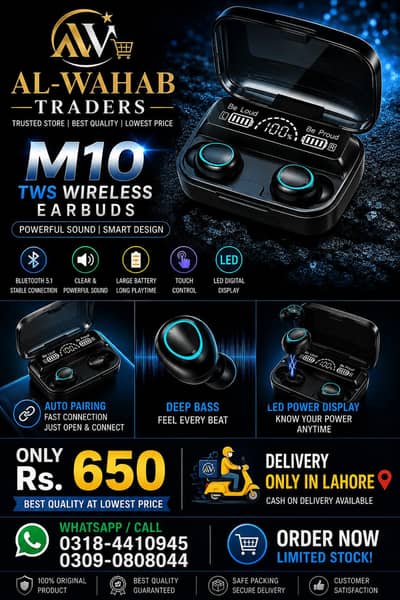M10 TWS Wireless Earbuds | Bluetooth | Deep Bass | Rs