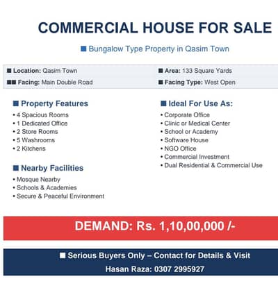 Bungalow Type Commercial House for Sale – Qasim Town