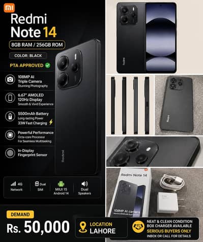 redmi note 14 8/256GB black PTA approved Excellent condition