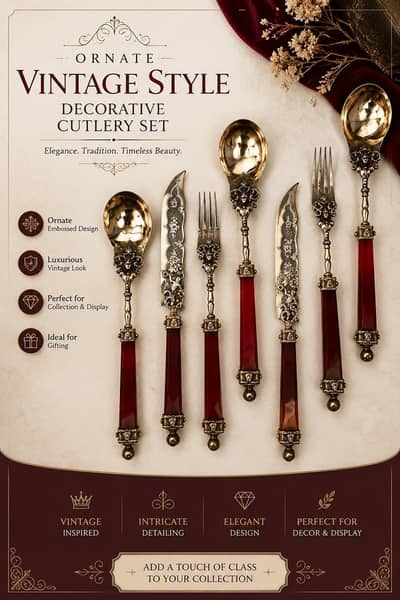 Luxury Vintage Decorative Cutlery Set | Ornate Red Handle Tableware