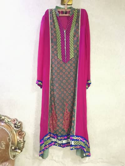 Beautiful Pink & Teal green Chiffon Ready-to-Wear Dress 2pc-Worn Twice