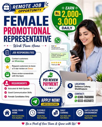 Part Time Female Promotional Representative Required in Sheikhupura