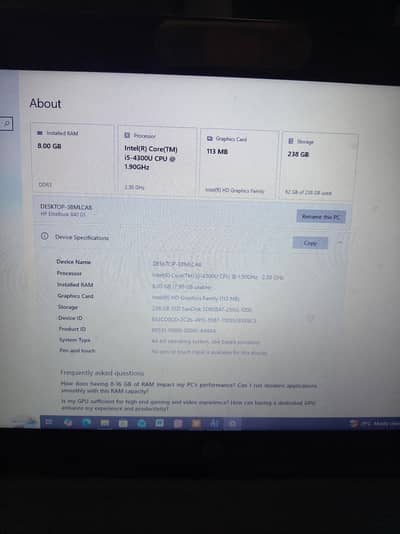 hp Elite book 840 G1, 8g ssd ram, 256gb storage,,