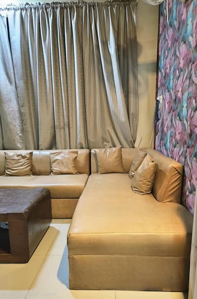 L Shaped Sofa set Beige Color With leather Fabric With 6 color cusions