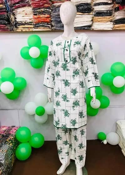 Women's 2-Piece Printed Lawn Suit – Round Neck, White