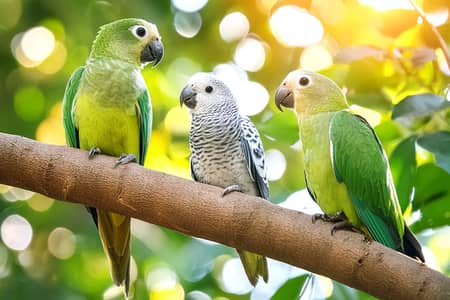 parrots with wire cage and box