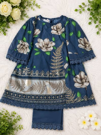 Girls Olive Green Floral Frock with Trouser – Kids Summer Dress