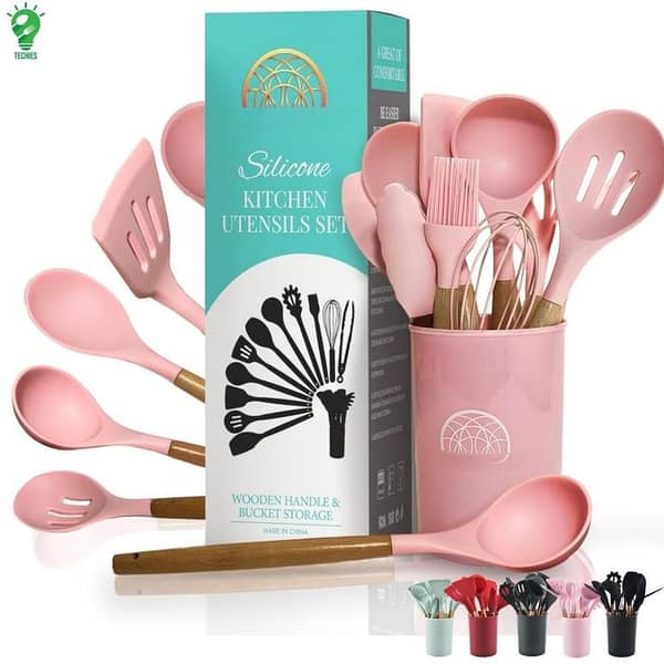 12PCS Silicone Kitchen Utensils Set with Stand | Heat Resistant Non-Stick Cooking Spoon Set | Wooden Handle Kitchen Tools | Spatula, Ladle, Whisk, Tongs & Brush | Premium Cooking & Baking Accessories | Black, Pink, Mint & Beige