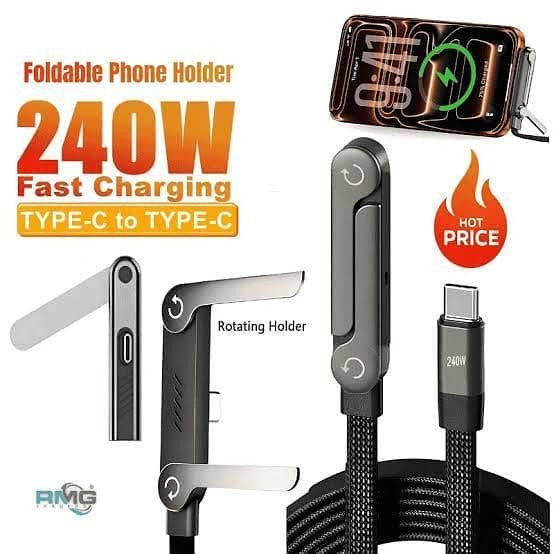 2-in-1 USB-C to USB-C Fast Charging Cable 240W with Built-in Foldable Mobile Phone Stand | 1.5M Heavy Duty Nylon Braided Data Cord | 90 Degree Angled Gaming Cable Holder for iPhone 15/16/17, Samsung, Huawei, Xiaomi