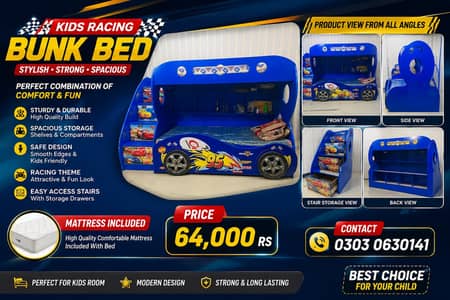 Kids Racing Car Bunk Bed with Mattress | Triplre Bed