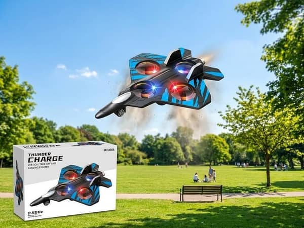 Thunder Charge Remote Control Jet Drone – 2.4GHz VTOL Fighter Quadcopter with LED Lights, Rechargeable Battery & 4 Replacement Propellers