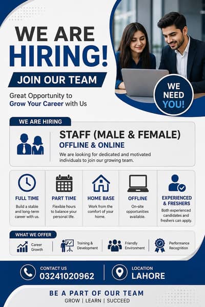Staff Required in Lahore – Part Time & Full Time | Office & Online