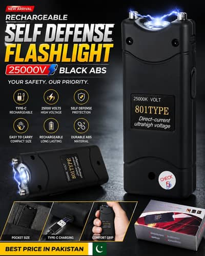 Rechargeable Self Defense Flashlight 25000V Black ABS