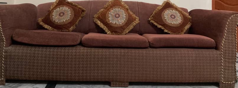 5-Seater Sofa Set (3+2) – Maroon Chenille with Embroidered Cushions