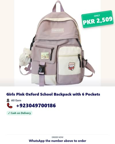  Premium Pink Oxford School Backpack for Girls 