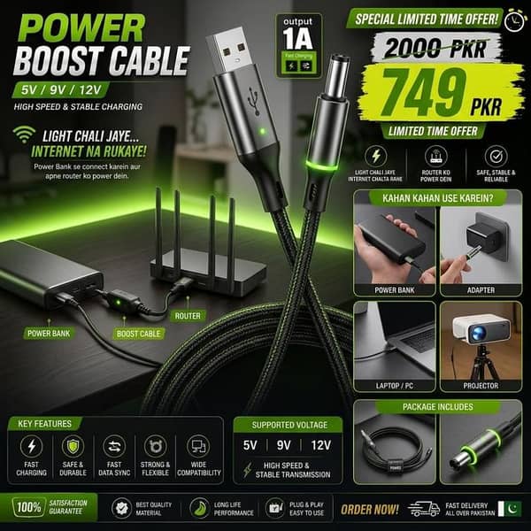WIFI ROUTER CABLE For Power Bank | 5V To 9V/12V DC Step Up USB Converter Cable | High Speed Fast Charging WiFi Router Power Cable for Powerbank, Modem & Mini UPS (1 Meter, Black)