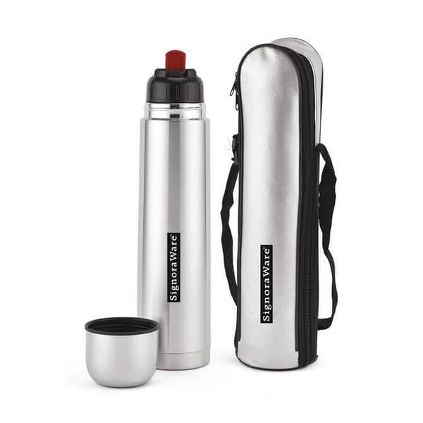 1000ML Premium Quality Stainless Steel Bullet Flask Hot and Cold Steel Water Bottle Flip Style Vacuum Insulated Flask with Jacket, Double Walled Stainless Steel Bottle for Travel, Home, Office, Outdoor, Gym, Sports, (Silver). . .