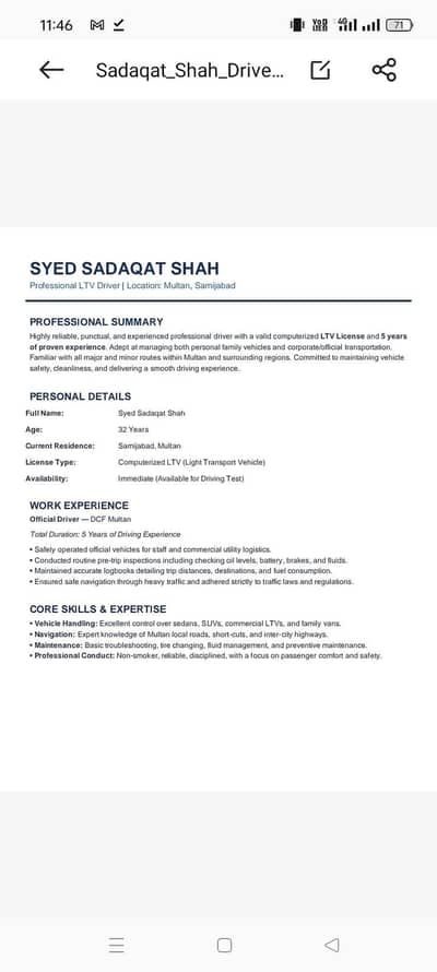 Experience Driver DC office multan