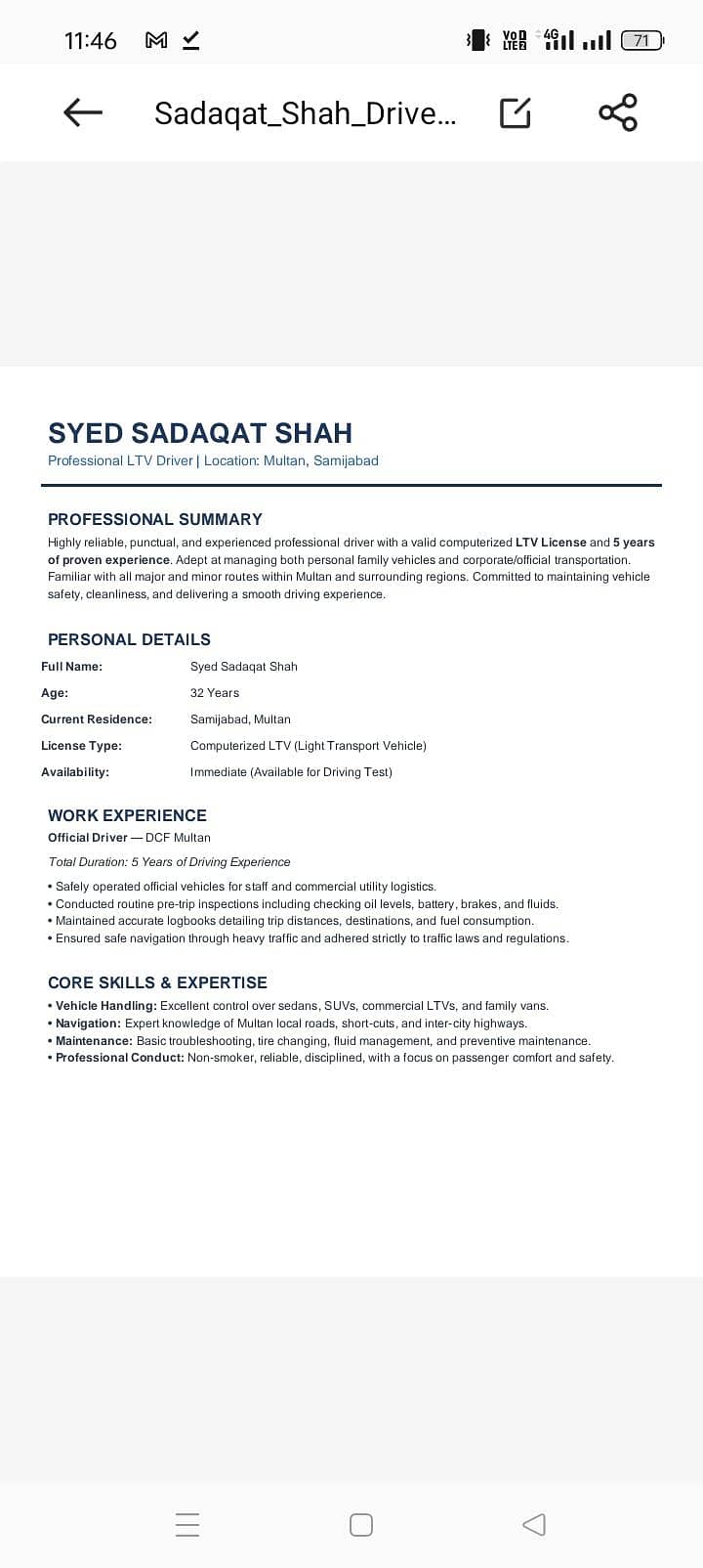 Experience Driver DC office multan 0