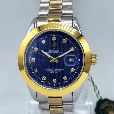 Electric Blue Diamond Watch for Men with Gold Bezel & Silver Bracelet