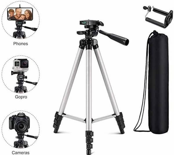 Tripod Stand With Phone Holder+ Carrying Bag with New Features Portable For Videos, Mobile Phone and DLSR Camera For Videography and Photography (Adjustable) Black & Silver 3110 Model Tripod Stand Best Quality
