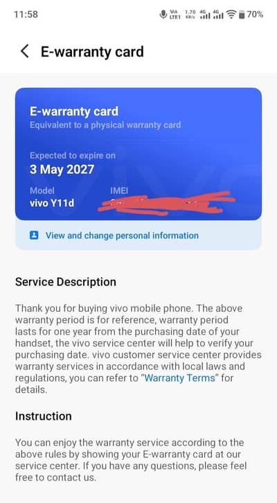 mobile name vivo Y11d brand new only 2 months use warrenty hai