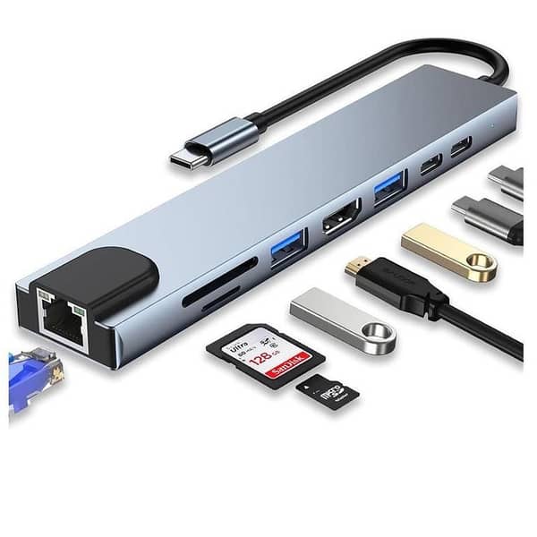 Type C USB Hub 3.0 USB C Convertor - 8 in 1 (USB 3.0*2, Type C*2, HDMI, LAN, SD/TF Card) - Compatible With PC, Laptops & MacBooks
