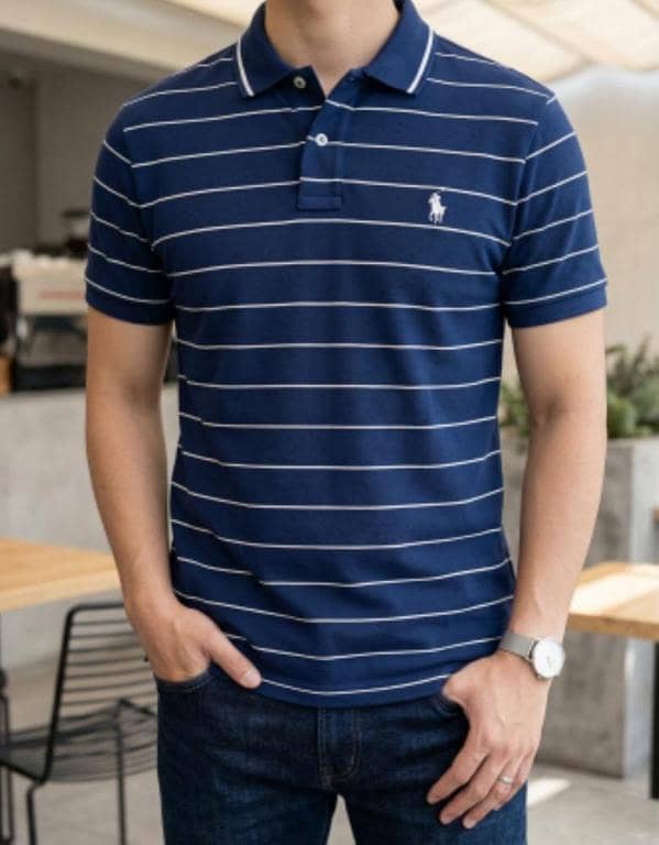 Navy Blue Striped Polo Shirt with Logo - Premium Cotton Casual Polo Tee