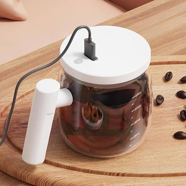 Electric Self Stirring Coffee Mug with Wooden Handle & Lid | Automatic Magnetic Mixing Glass Cup | Rechargeable Smart Coffee Mixer | 400ml Milk Tea Cocoa Protein Shake Mixing Mug | Leakproof Portable Office Home Travel Coffee Cup