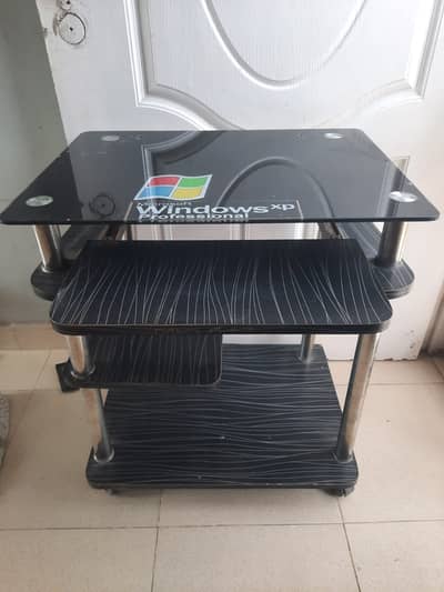 Glass Top Computer Table with Sliding Keyboard Tray & Wheels