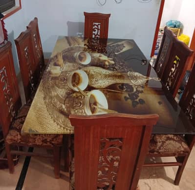 8-seater wooden dining table set with printed glass top