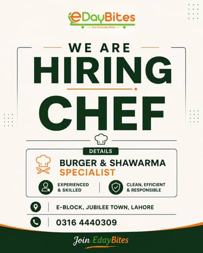 Chef Required – EdayBites | Jubilee Town Lahore