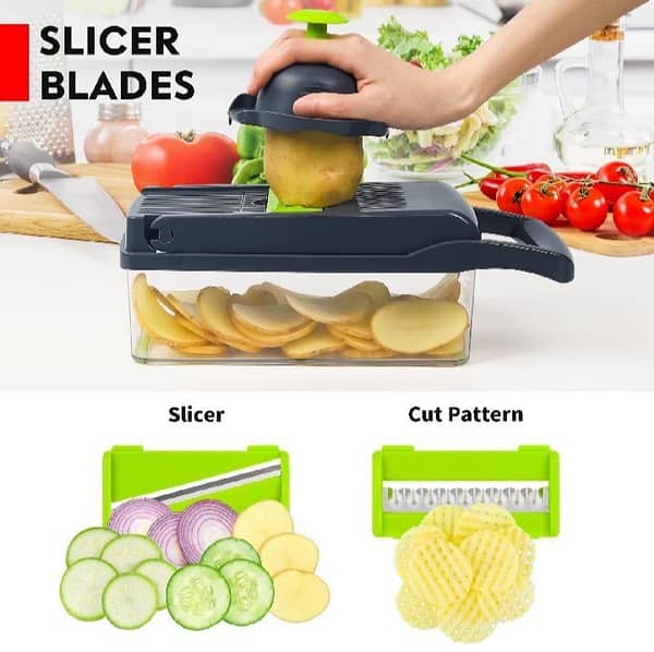 16 in 1 Multifunctional Vegetable Chopper & Cutter with Storage Container | Manual Food Slicer Dicer | Onion, Potato, Tomato & Fruit Cutter | Stainless Steel Blades | BPA Free Kitchen Vegetable Chopper Set