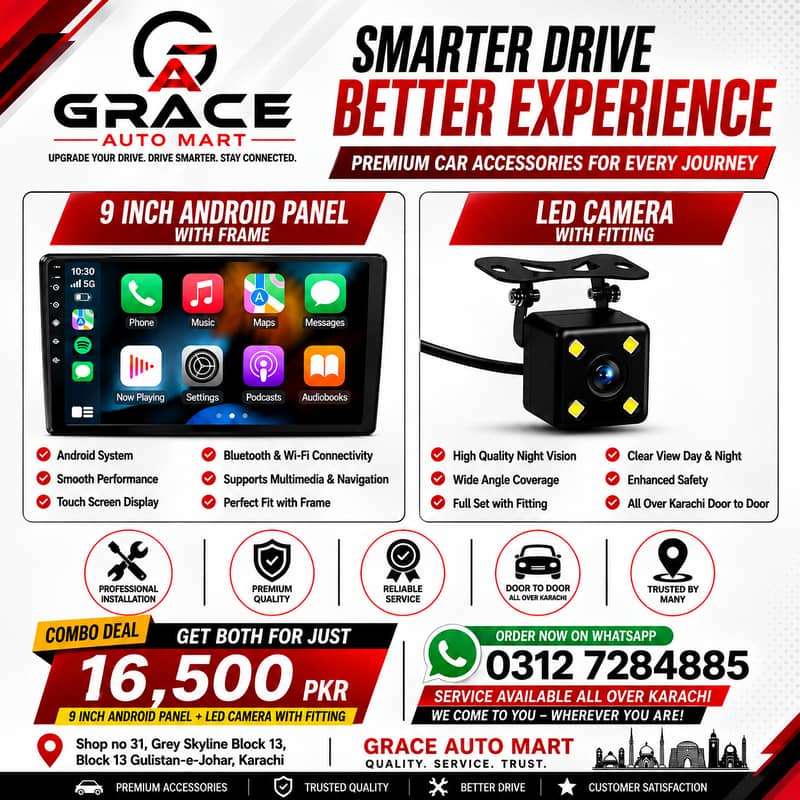 9 Inch Android Panel + LED Reverse Camera with Fitting | Grace Auto 0