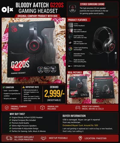 Bloody A4Tech G220S Gaming Headset Original Box | USB Repair Needed
