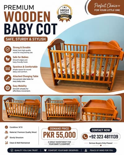 Premium wooden baby cot with detachable diaper changing board
