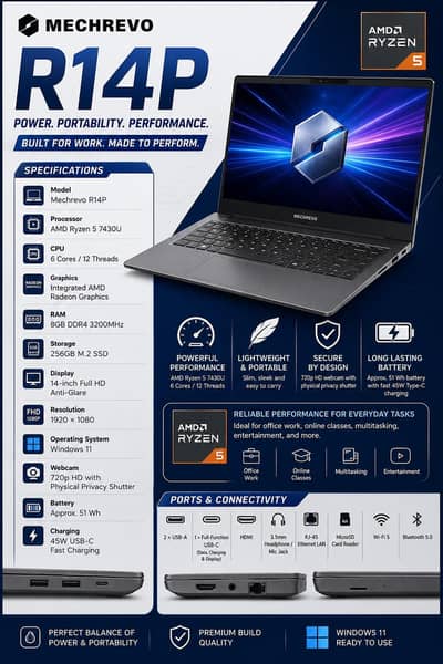 Laptop Mechrevo R14P Laptop/Ryzen 5 7430U /8GB RAM/256GB SSD