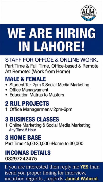 we are hiring male and female for office and online work for full time
