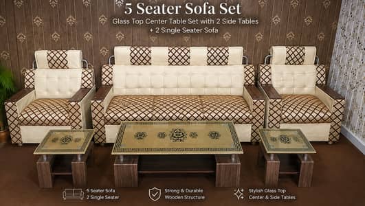 5 seater Sofa With Glass Top Center Table Set