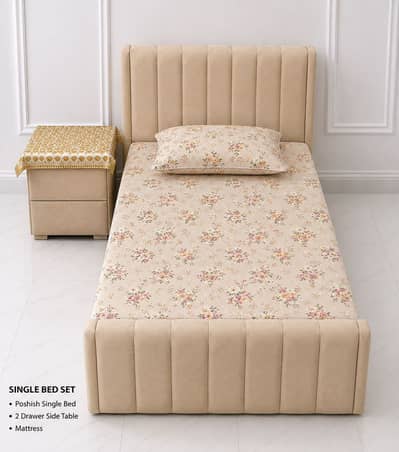 Elegant Poshish Single Bed Set with Mattress & 2-Drawer Side Table