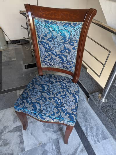 Elegant Solid Wooden Dining Table Set Design & Blue Upholstered Chairs